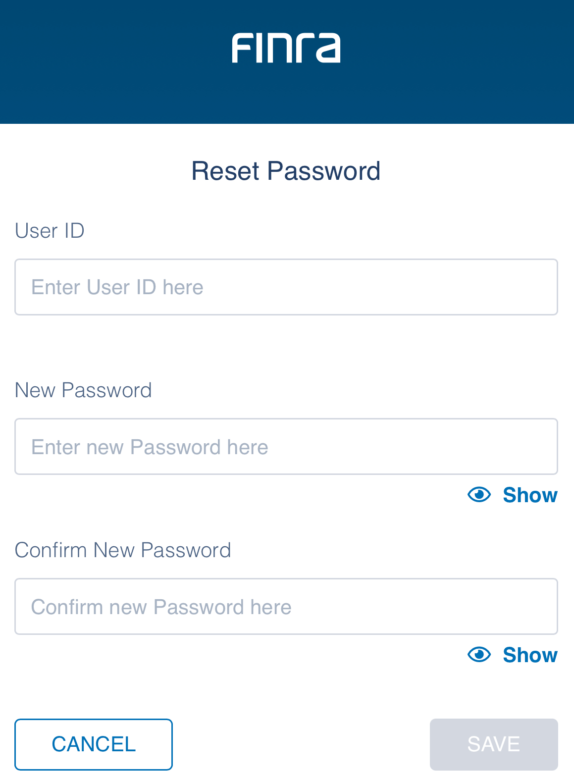Reset Password page